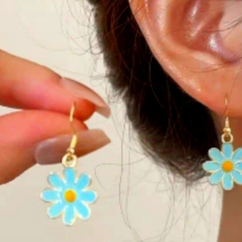 Daisy Flower Drop Earrings Set - Gold, Blue, Green, Pink. Four Sets - Picture 3 of 5